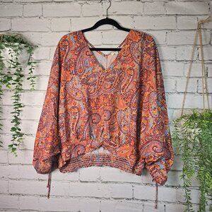 UMGEE WOMENS RED ORANGE BLOUSE CROOPED TOP PAISLEY  BOHO V NECK LONG SLEEVE SIZE